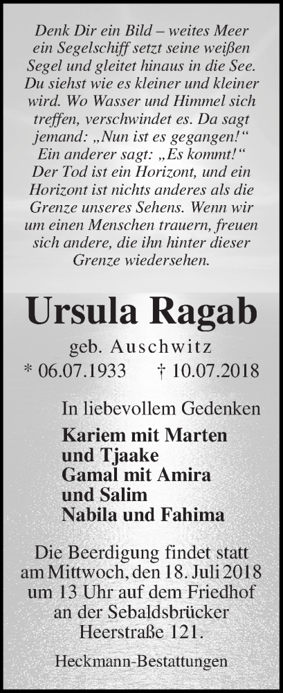 Traueranzeige von Ursula Ragab von WESER-KURIER