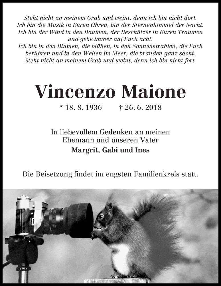 Traueranzeige von Vincenzo Maione von WESER-KURIER