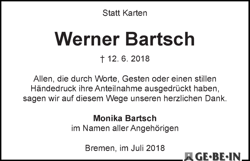 Traueranzeige von Werner Bartsch von WESER-KURIER