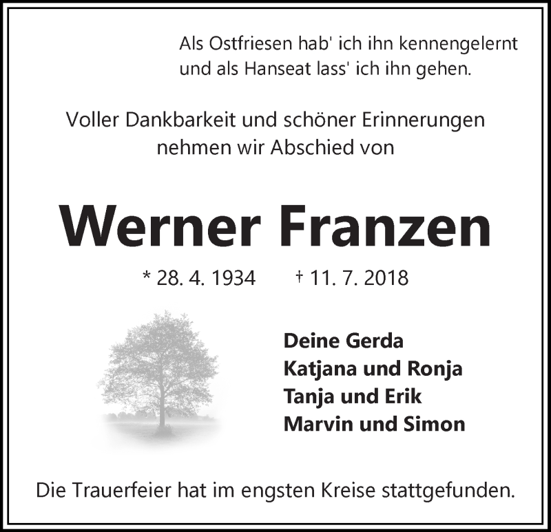 Traueranzeige von Werner Franzen von Die Norddeutsche