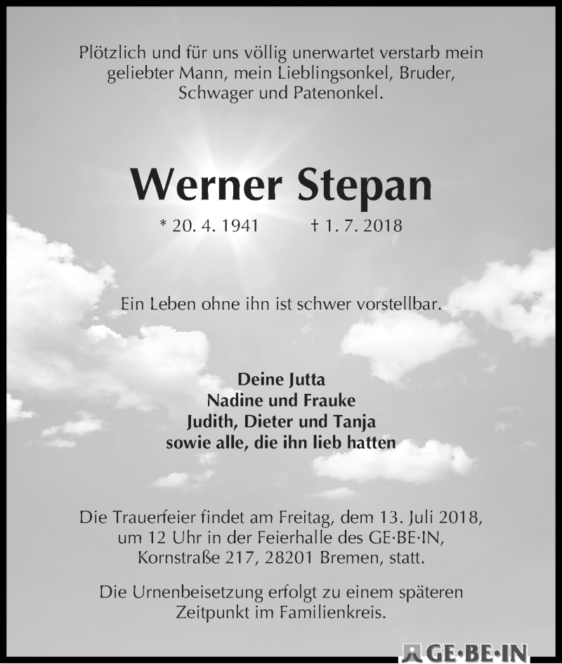 Traueranzeige von Werner Stepan von WESER-KURIER
