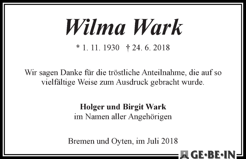 Traueranzeige von Wilma Wark von WESER-KURIER