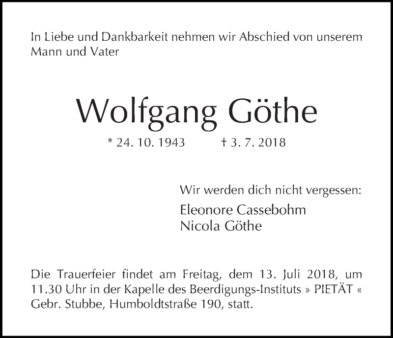 Traueranzeige von Wolfgang Göthe von WESER-KURIER