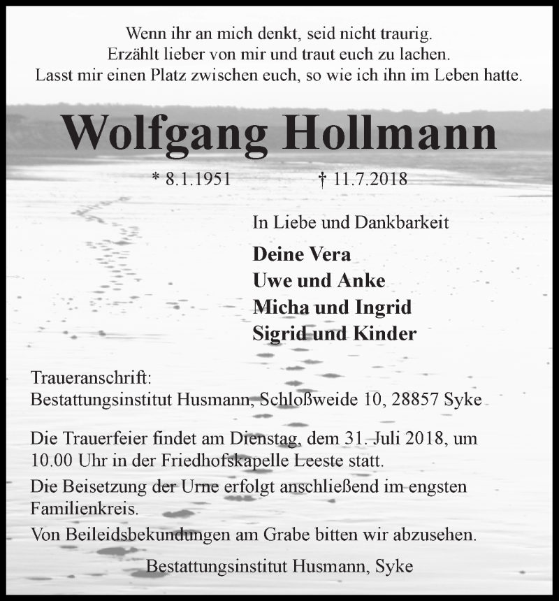 Traueranzeige von Wolfgang Hollmann von WESER-KURIER
