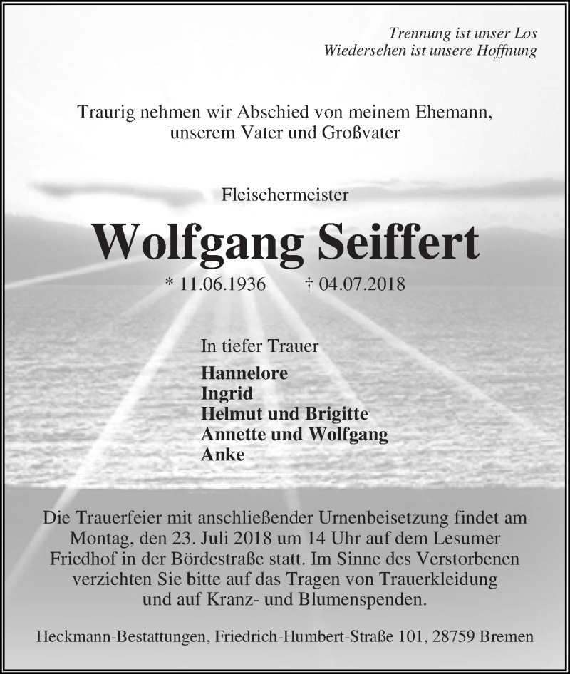 Traueranzeige von Wolfgang Seiffert von Die Norddeutsche