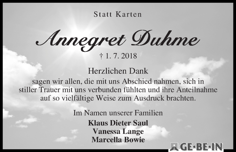 Traueranzeige von Annegret Duhme von WESER-KURIER