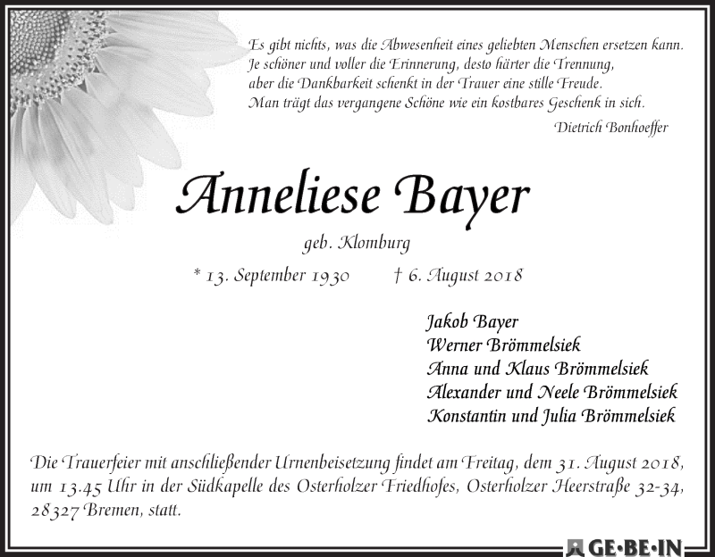 Traueranzeige von Anneliese Bayer von WESER-KURIER