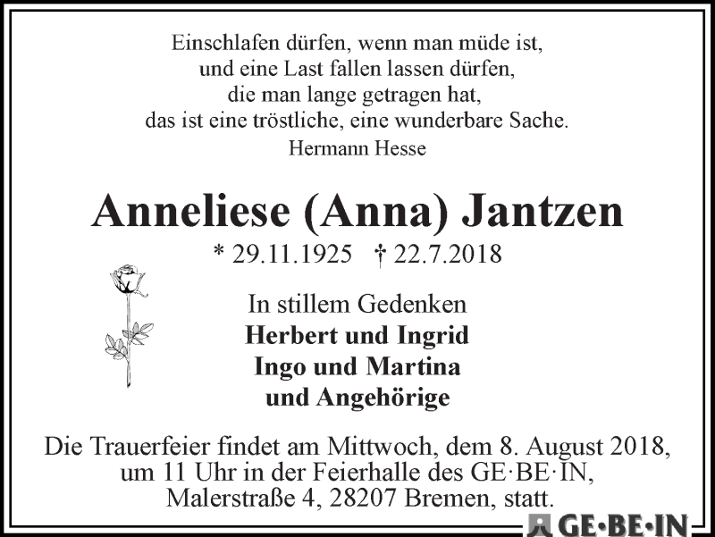 Traueranzeige von Anneliese  Jantzen von WESER-KURIER