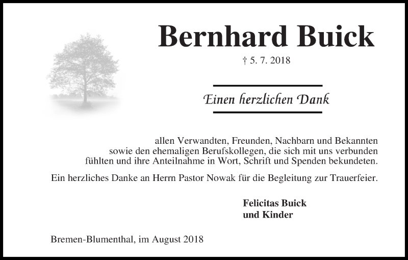 Traueranzeige von Bernhard Buick von Die Norddeutsche