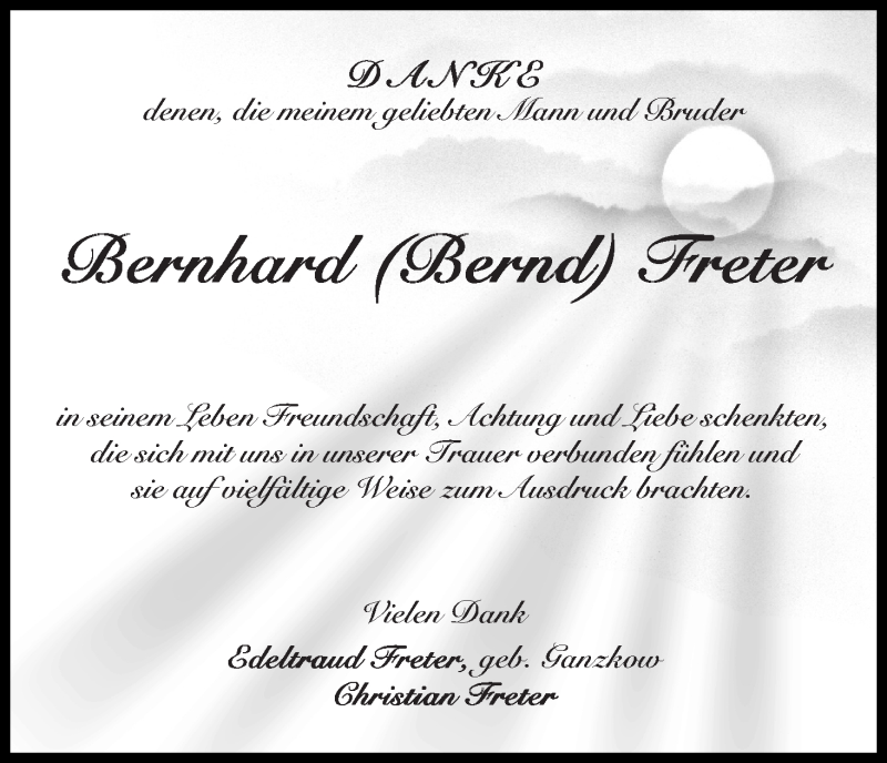 Traueranzeige von Bernhard Freter von Die Norddeutsche