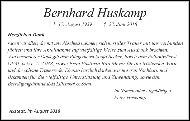 Traueranzeige von Bernhard Huskamp von Osterholzer Kreisblatt