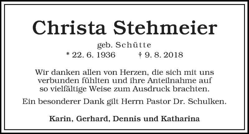 Traueranzeige von Christa Stehmeier von WESER-KURIER