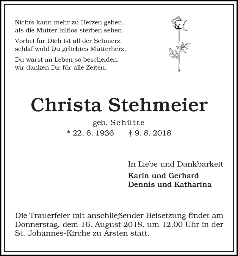 Traueranzeige von Christa Stehmeier von WESER-KURIER