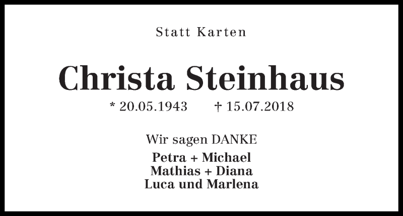 Traueranzeige von Christa Steinhaus von WESER-KURIER