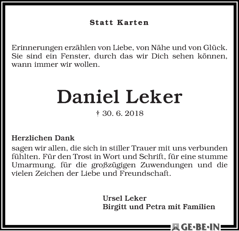 Traueranzeige von Daniel Leker von WESER-KURIER