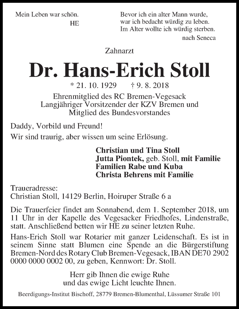 Traueranzeige von Dr. Hans-Erich Stoll von Die Norddeutsche