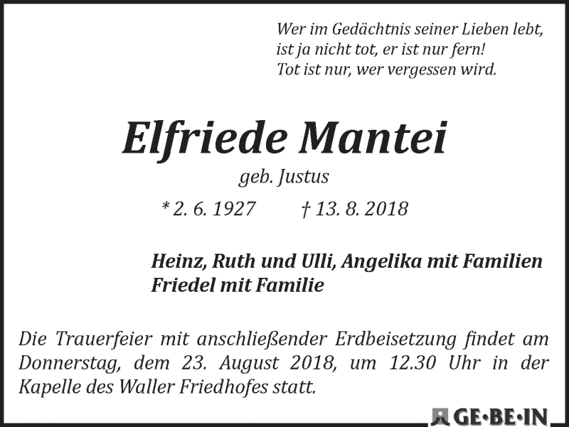 Traueranzeige von Elfriede Mantei von WESER-KURIER