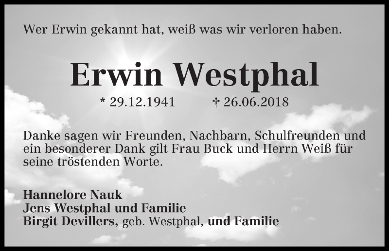 Traueranzeige von Erwin Westphal von WESER-KURIER