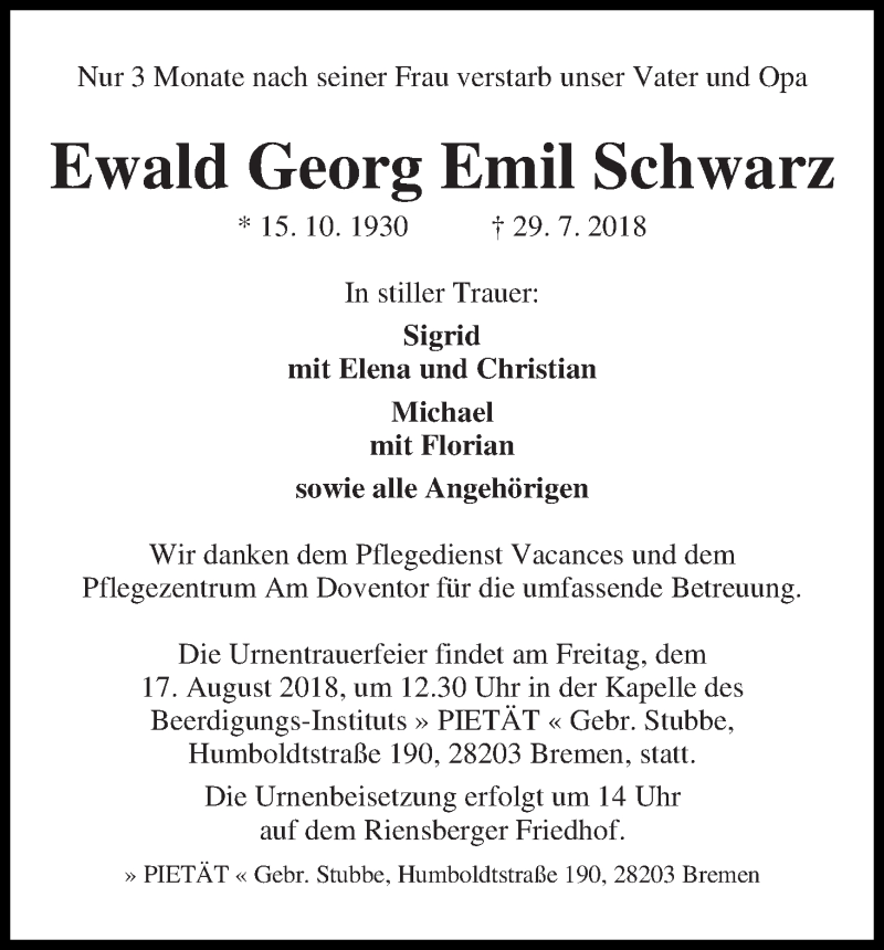 Traueranzeige von Ewald Georg Emil Schwarz von WESER-KURIER