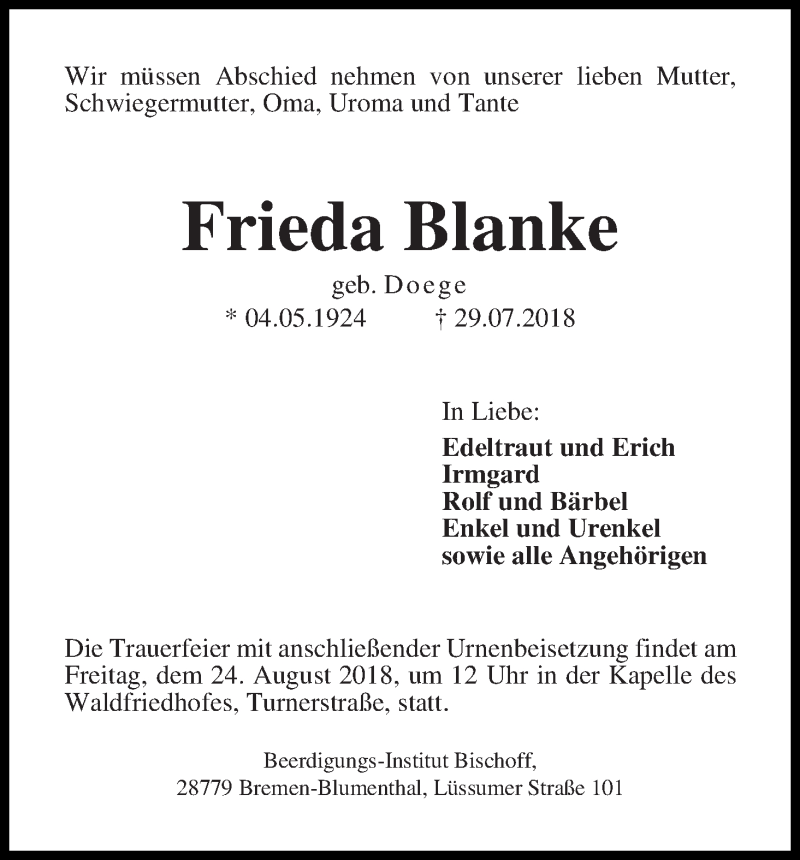 Traueranzeige von Frieda Blanke von Die Norddeutsche