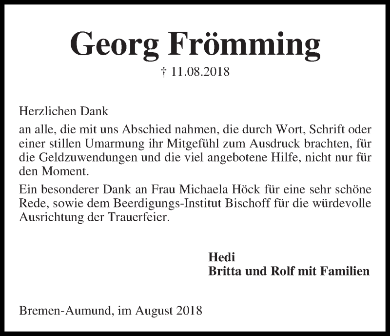 Traueranzeige von Georg Frömming von Die Norddeutsche
