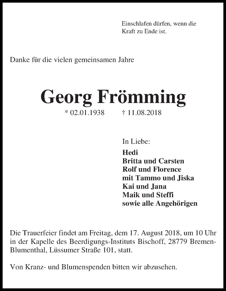 Traueranzeige von Georg Frömming von Die Norddeutsche