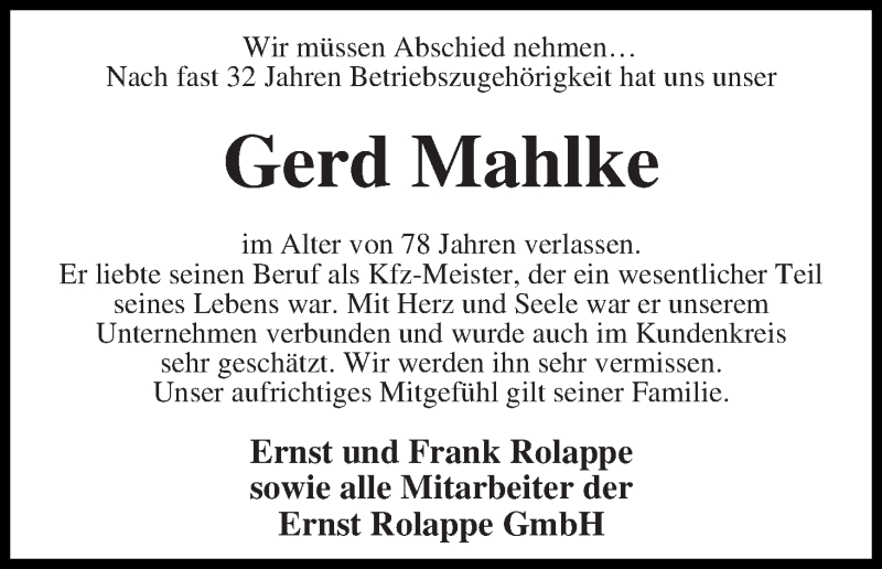 Traueranzeige von Gerd Mahlke von WESER-KURIER