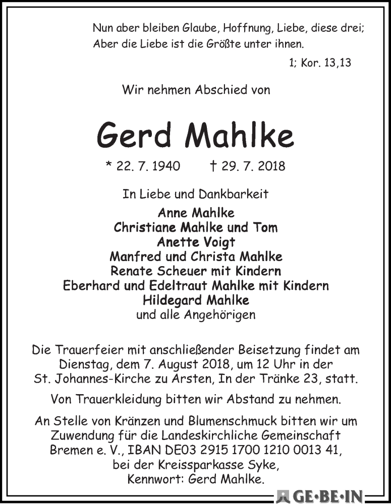 Traueranzeige von Gerd Mahlke von WESER-KURIER