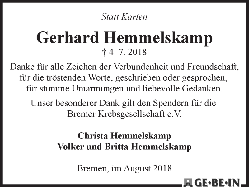Traueranzeige von Gerhard Hemmelskamp von WESER-KURIER