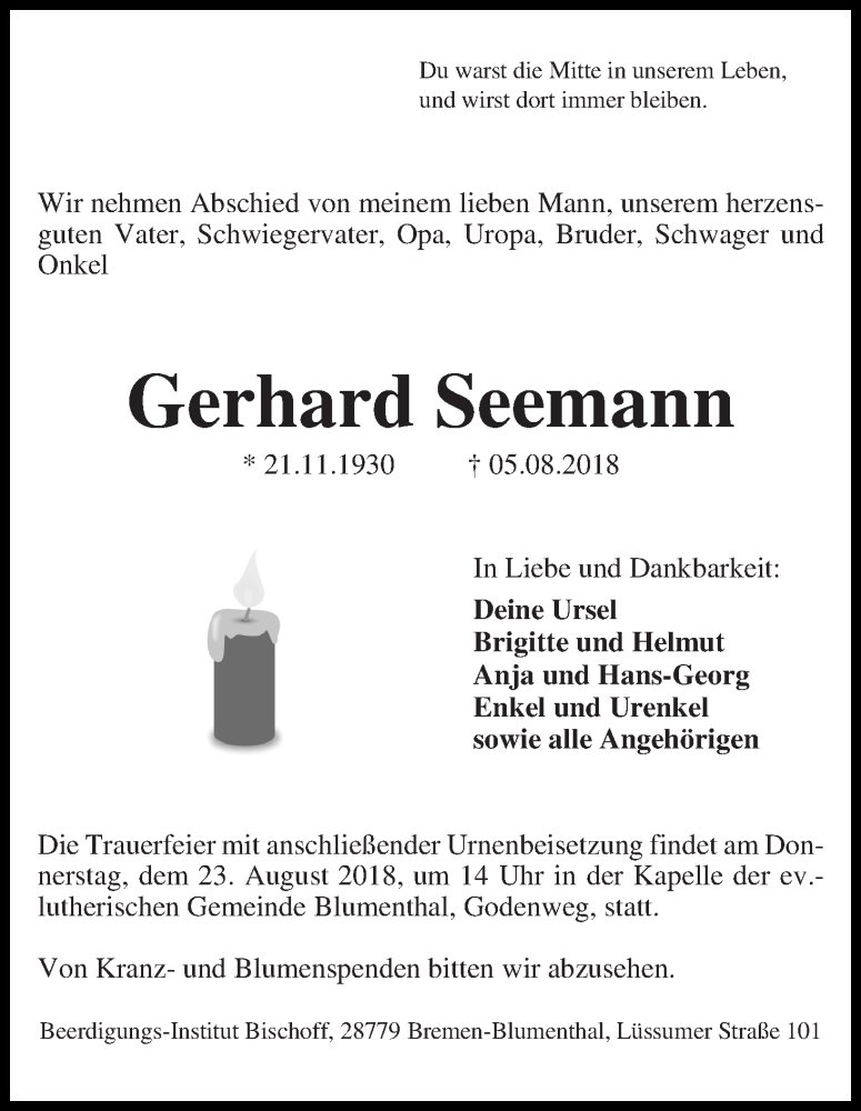Traueranzeige von Gerhard Seemann von Die Norddeutsche