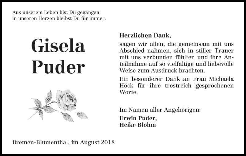 Traueranzeige von Gisela Puder von Die Norddeutsche
