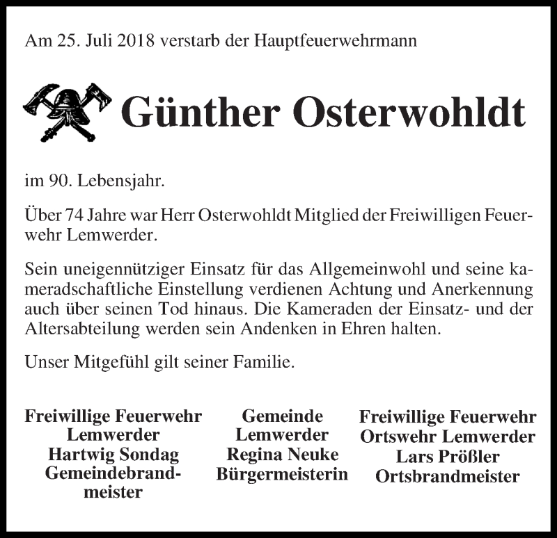 Traueranzeige von Günther Osterwohldt von Die Norddeutsche