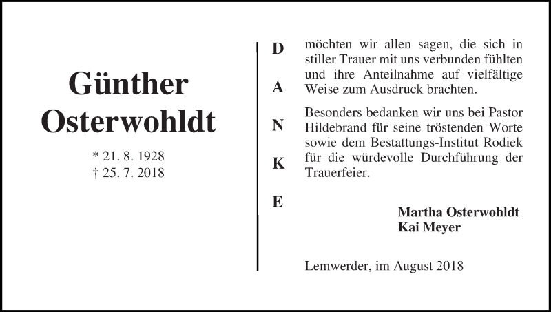 Traueranzeige von Günther Osterwohldt von Die Norddeutsche