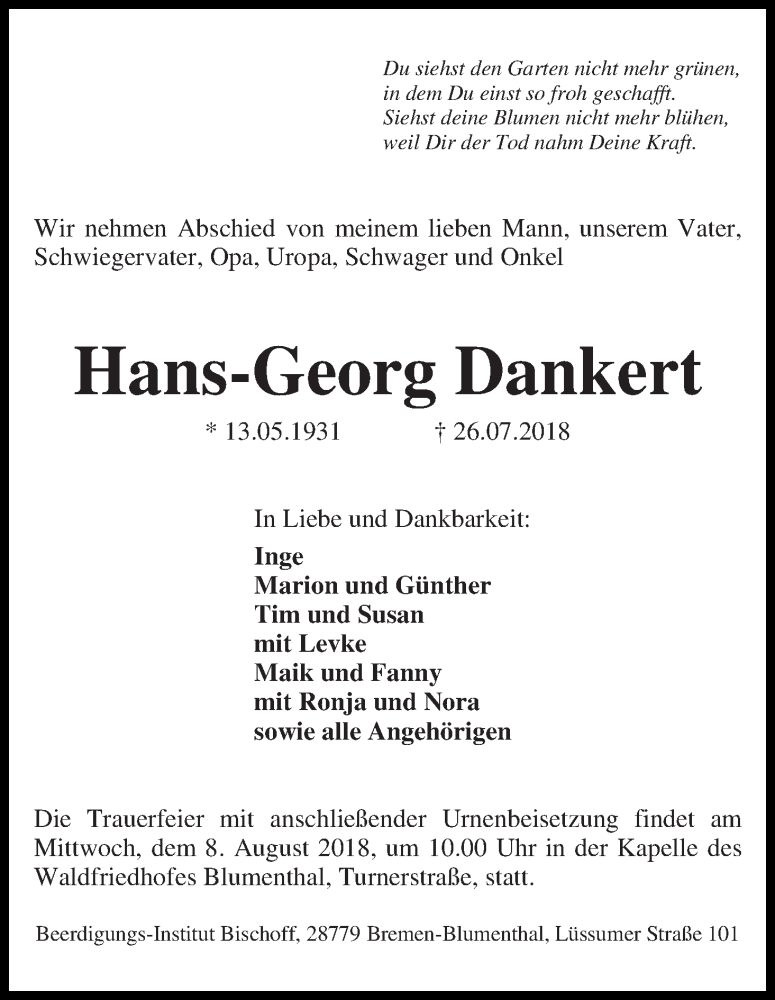 Traueranzeige von Hans-Georg Dankert von Die Norddeutsche