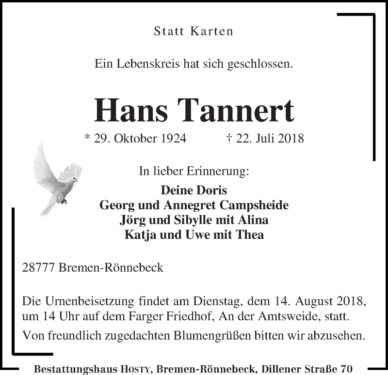 Traueranzeige von Hans Tannert von Die Norddeutsche