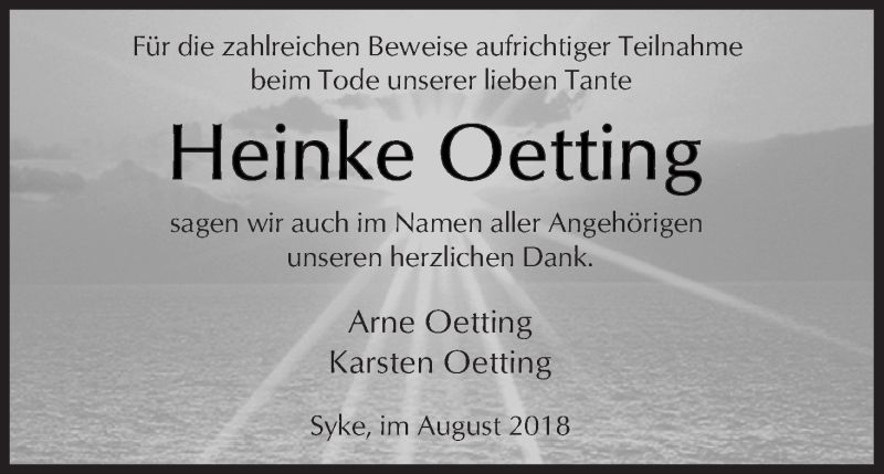 Traueranzeige von Heinke Oetting von WESER-KURIER