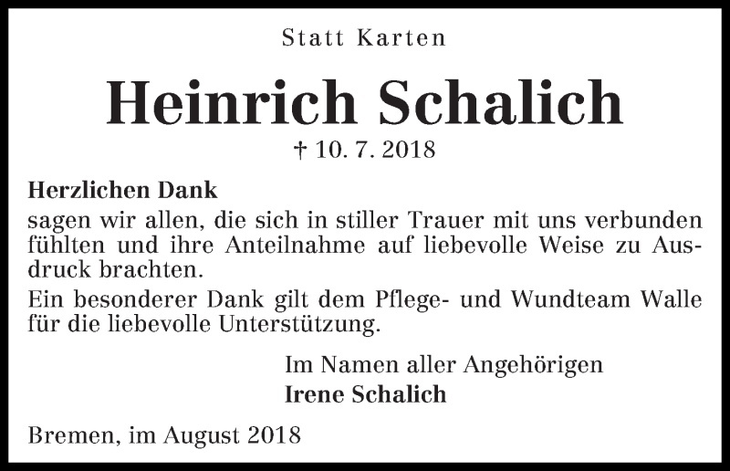 Traueranzeige von Heinrich Schalich von WESER-KURIER