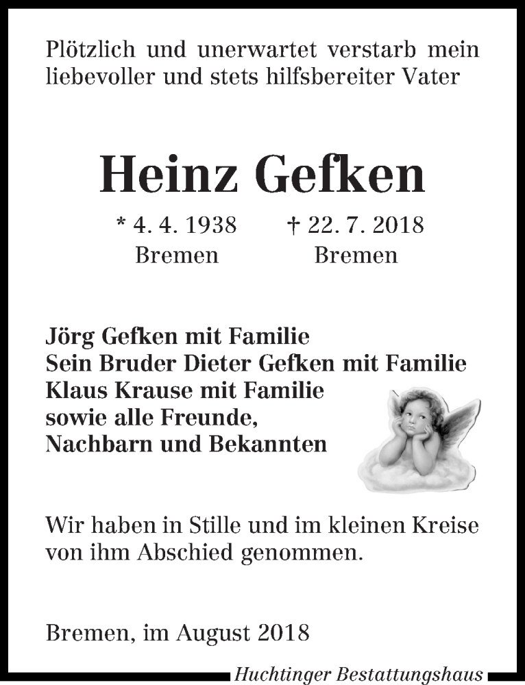 Traueranzeige von Heinz Gefken von WESER-KURIER