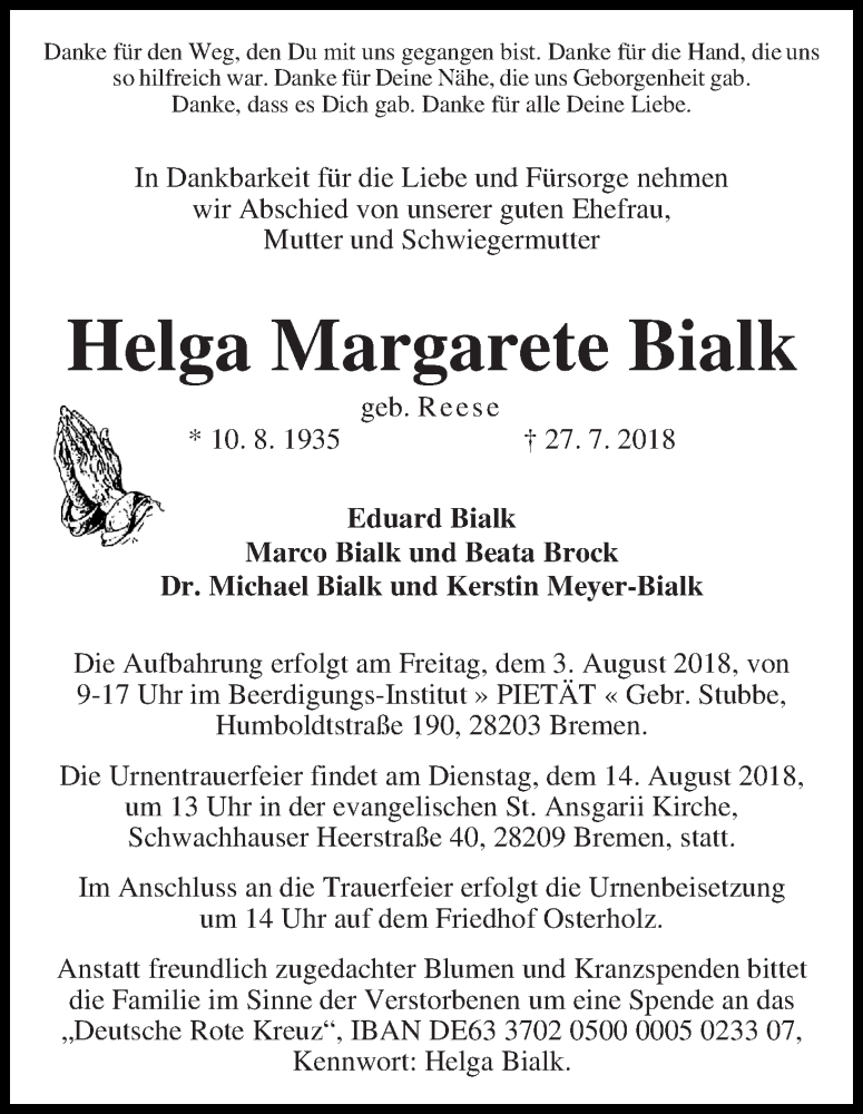 Traueranzeige von Helga Margarete Bialk von WESER-KURIER