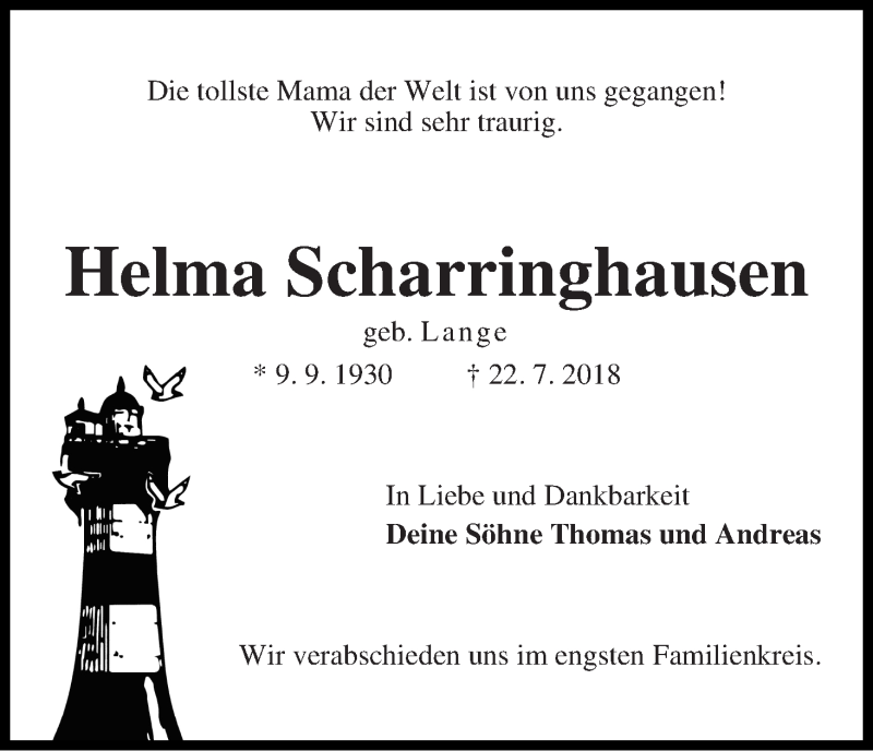 Traueranzeige von Helma Scharringhausen von WESER-KURIER