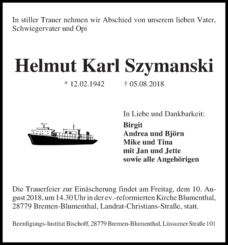 Traueranzeige von Helmut Karl Szymanski von Die Norddeutsche