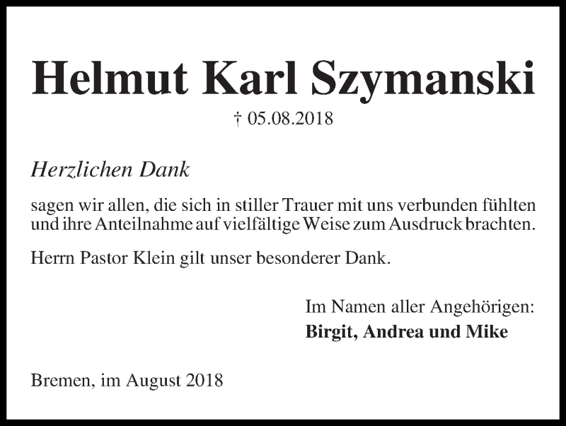 Traueranzeige von Helmut Karl Szymanski von Die Norddeutsche