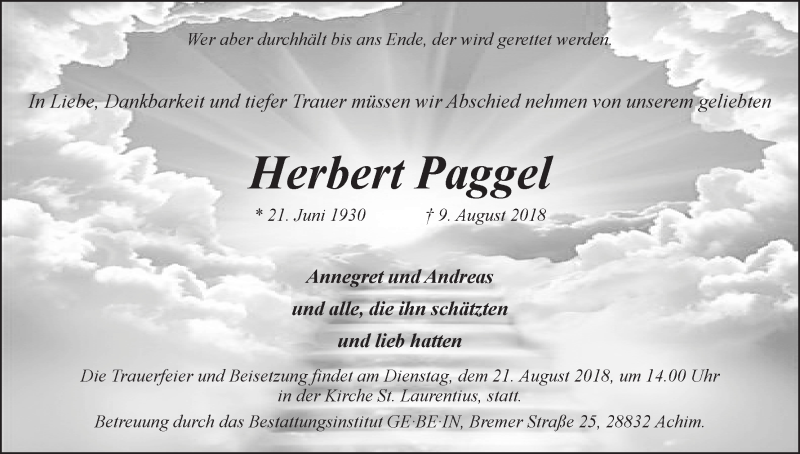Traueranzeige von Herbert Paggel von Achimer Kurier/Verdener Nachrichten