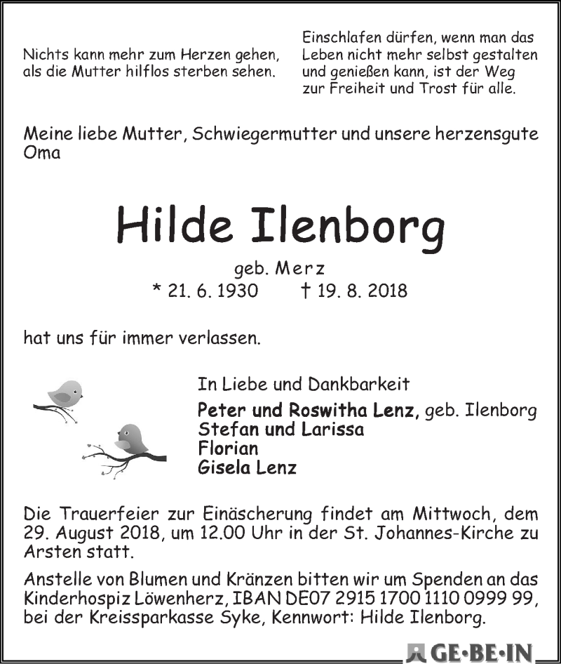 Traueranzeige von Hilde Ilenborg von WESER-KURIER
