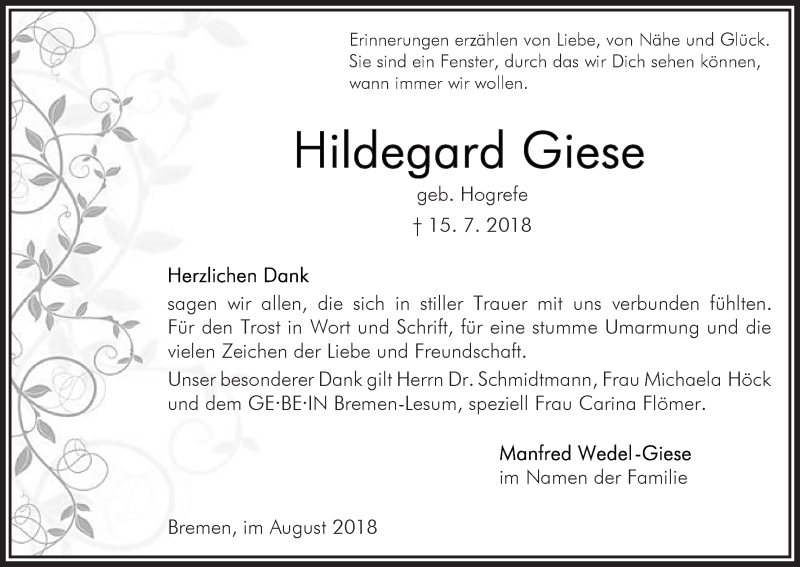 Traueranzeige von Hildegard Giese von Die Norddeutsche
