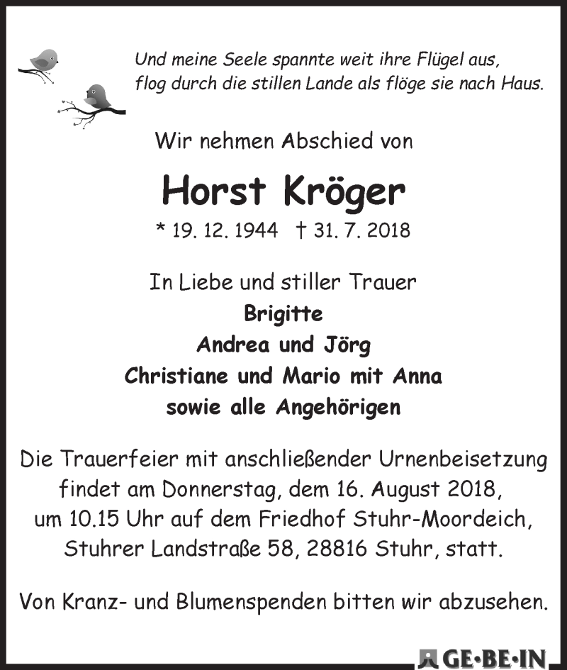 Traueranzeige von Horst Kröger von WESER-KURIER
