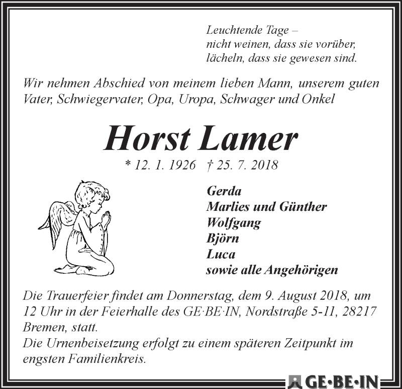 Traueranzeige von Horst Lamer von WESER-KURIER