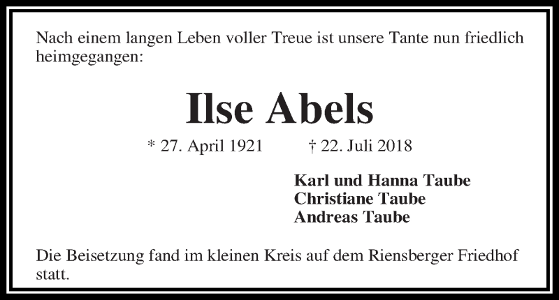 Traueranzeige von Ilse Abels von Die Norddeutsche