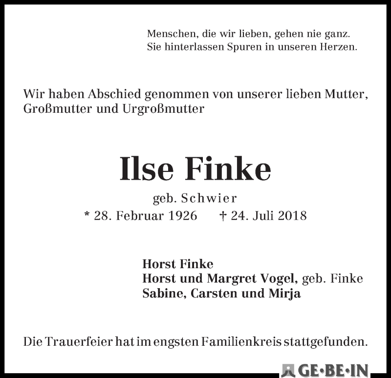 Traueranzeige von Ilse Finke von WESER-KURIER