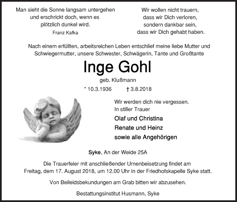 Traueranzeige von Inge Gohl von Regionale Rundschau/Syker Kurier